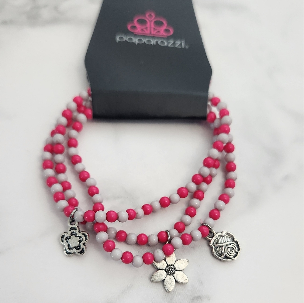 NWT Paparazzi Floral Pink & Silver Beads Charm Bracelet - Picture 5 of 7